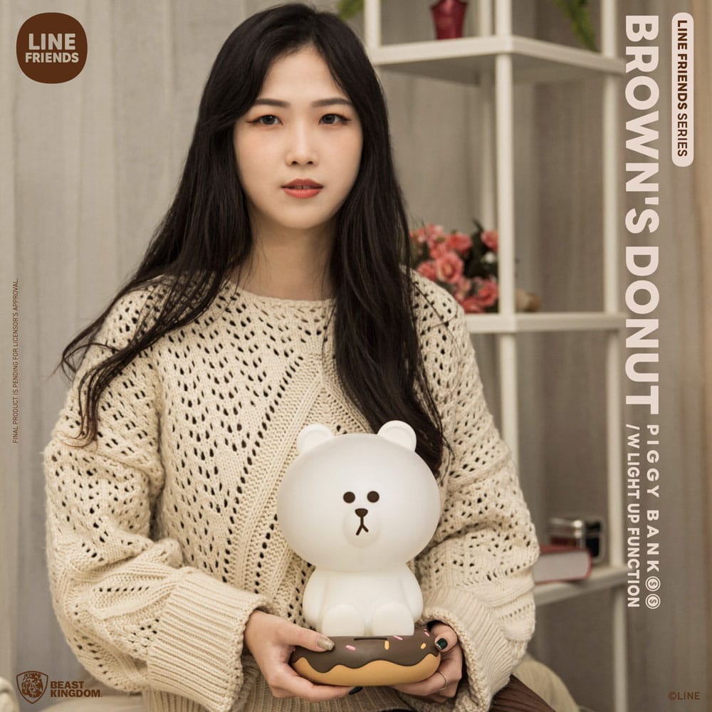 Line Friends Series Piggy Bank with Light Up Function Brown's Donut 25cm - Scale Statue - Beast Kingdom Toys - Hobby Figures UK