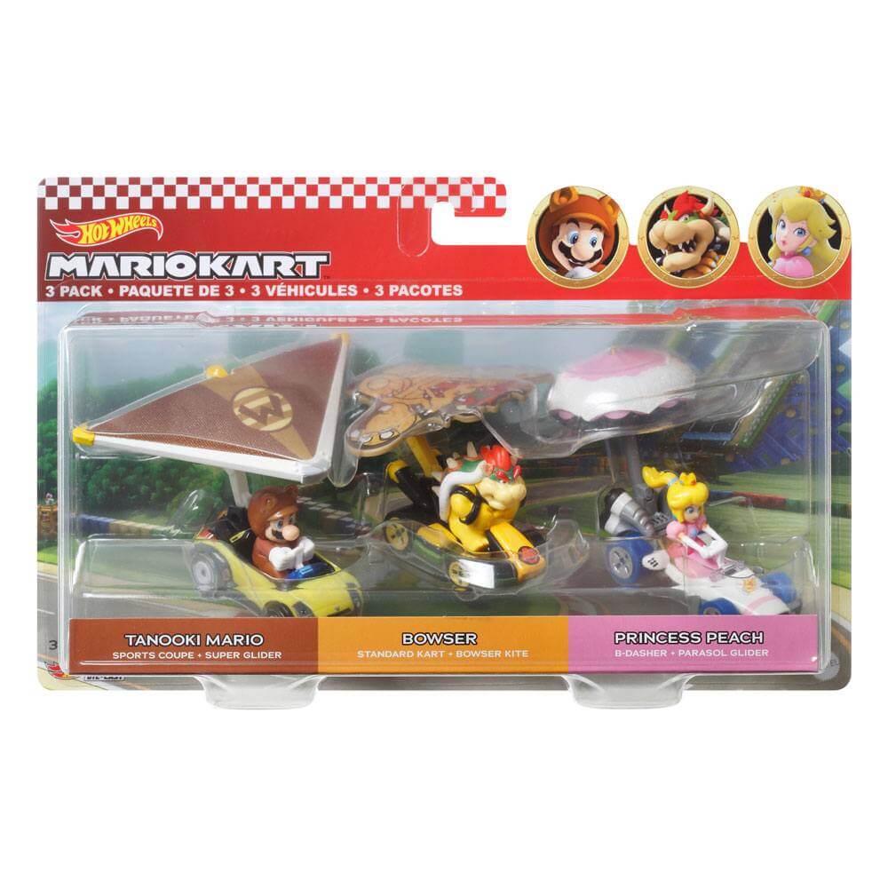 Mario Kart Hot Wheels Diecast Vehicle 3-Pack 1/64 Tanooki Mario, Bowser, Princess Peach - Mini Figures - Mattel - Hobby Figures UK