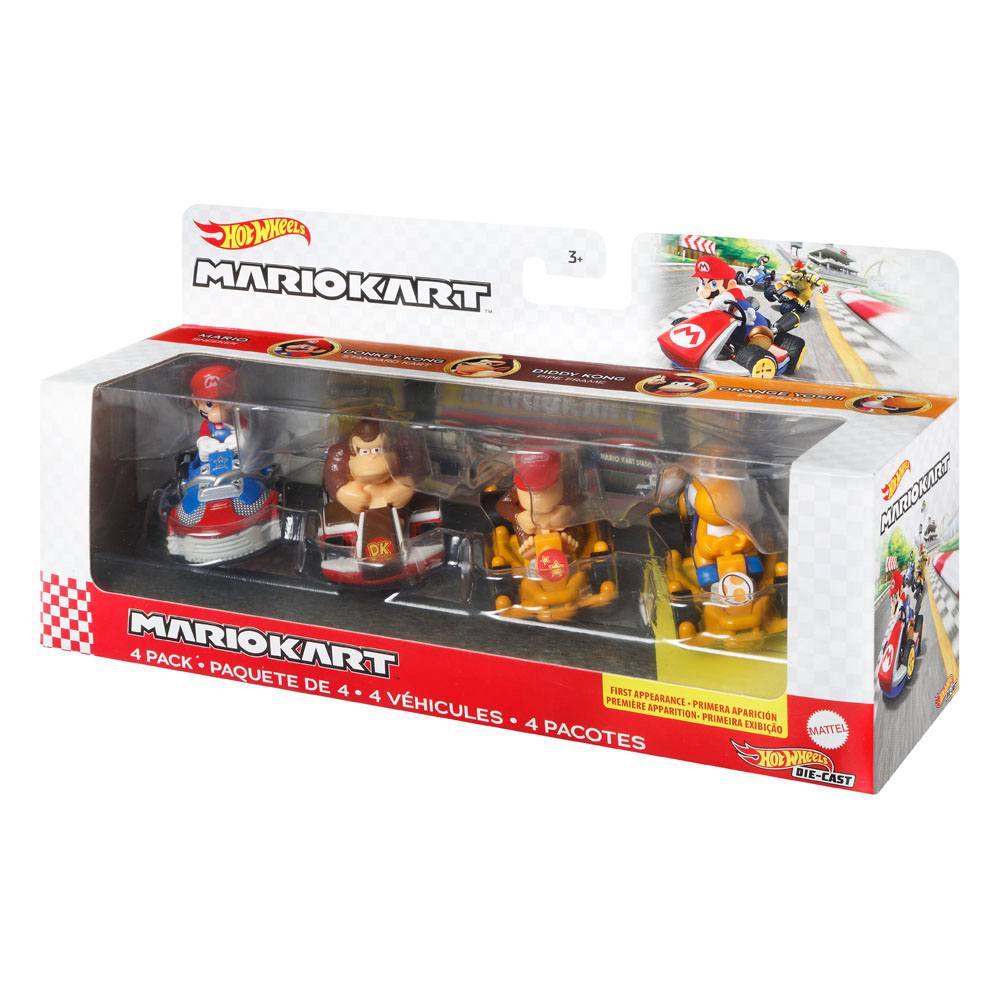 Mario Kart Hot Wheels Diecast Vehicle 4-Pack 1/64 Mario, Donkey Kong, Diddy Kong, Orange Yoshi - Mini Figures - Mattel - Hobby Figures UK