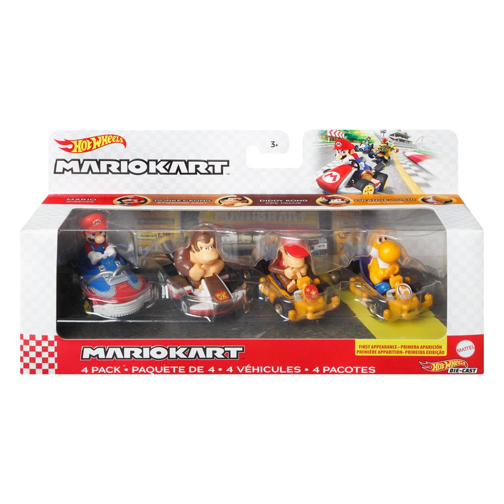 Mario Kart Hot Wheels Diecast Vehicle 4-Pack 1/64 Mario, Donkey Kong, Diddy Kong, Orange Yoshi - Mini Figures - Mattel - Hobby Figures UK